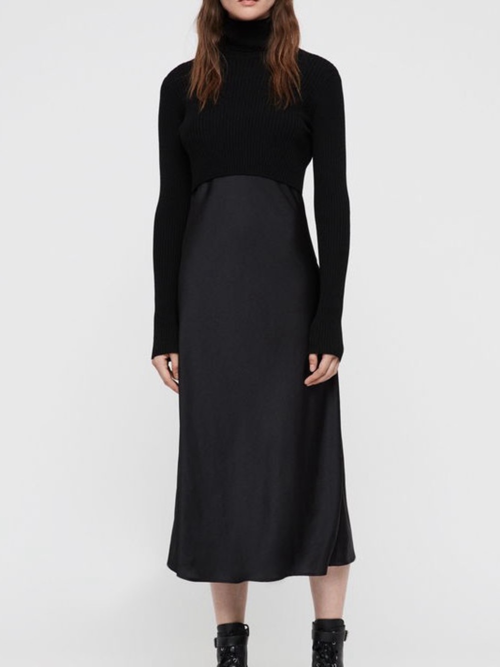 NWT - AllSaints Komo Roll Neck Ribbed Sweater & Slip Dress Set Black Size Small